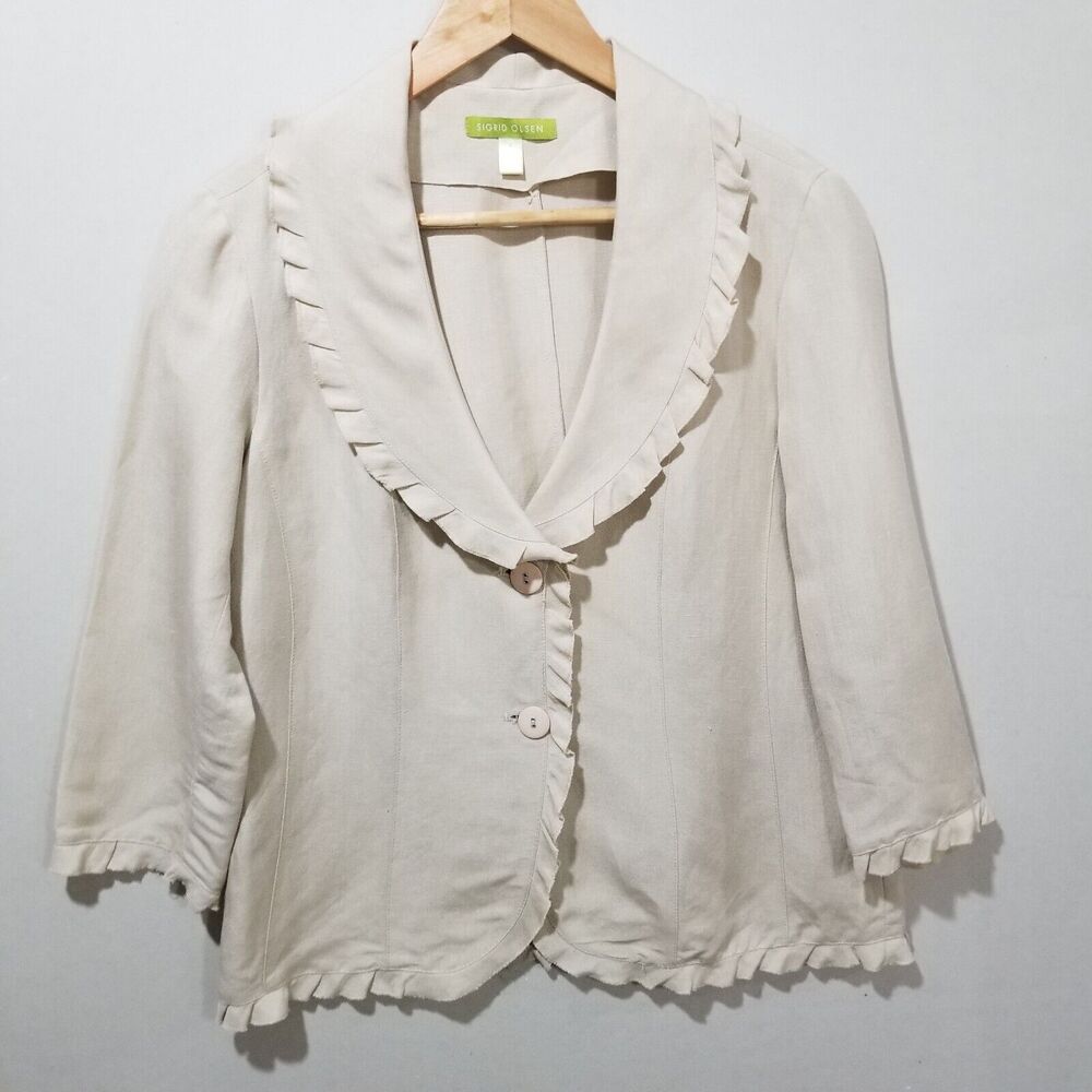 Sigrid Olsen Jacket Womens 4 Small Linen Blazer Natural Beige Ruffle Layer